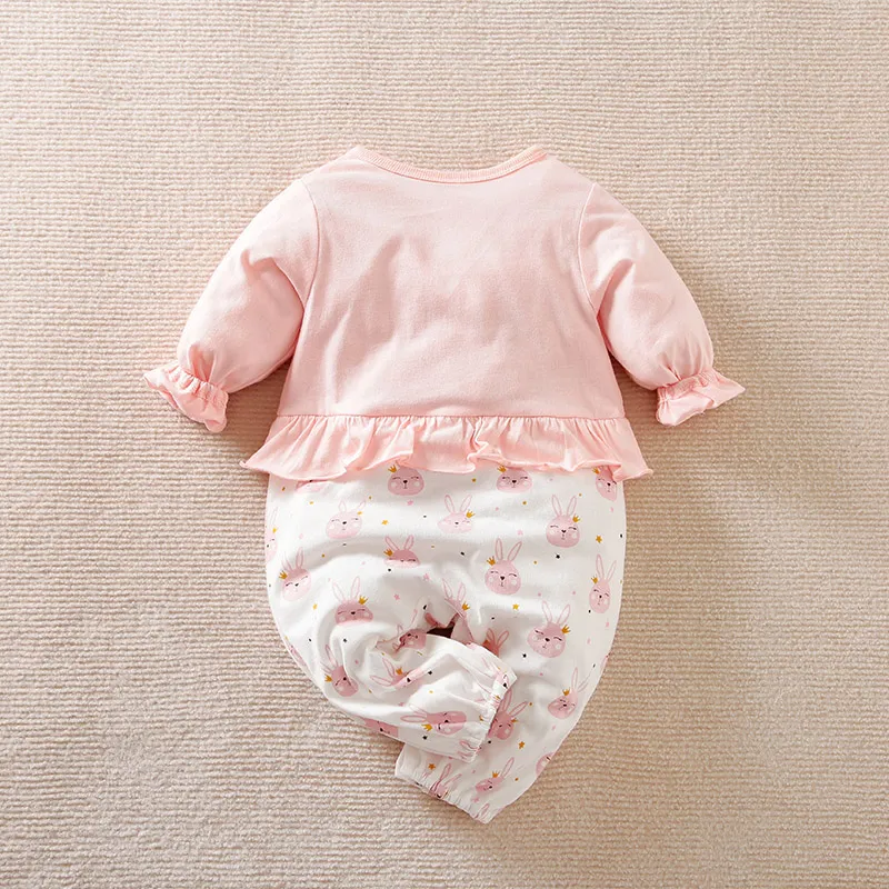 Baby Girl 100% Cotton Buttons Front Ruffle Rabbit Graphic Puff-sleeve Jumpsuit  Pink image 2
