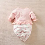 Baby Girl 100% Cotton Buttons Front Ruffle Rabbit Graphic Puff-sleeve Jumpsuit  Pink image 2