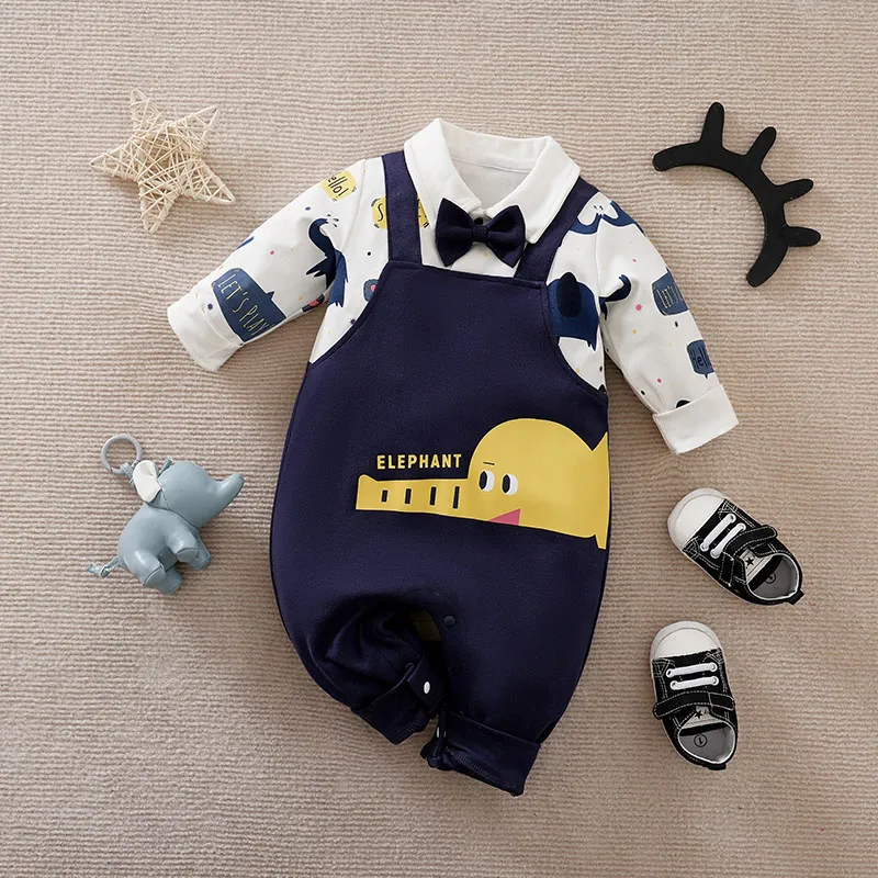 Baby Boy 100% Cotton Elephant Print Bow Tie Lapel Collar Long-sleeve Romper Blue big image 1