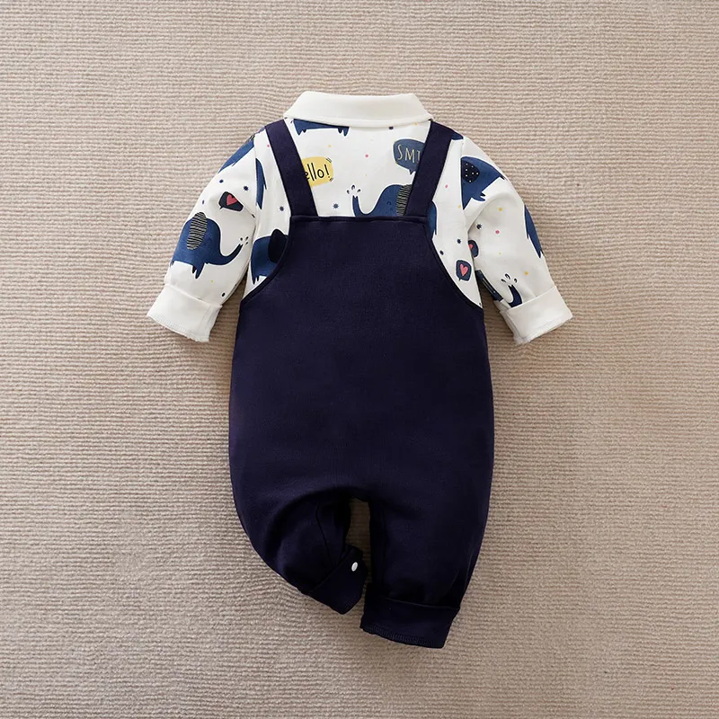 Baby Boy 100% Cotton Elephant Print Bow Tie Lapel Collar Long-sleeve Romper Blue image 2