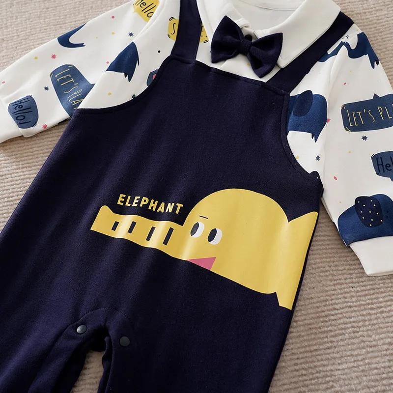 Baby Boy 100% Cotton Elephant Print Bow Tie Lapel Collar Long-sleeve Romper Blue image 4