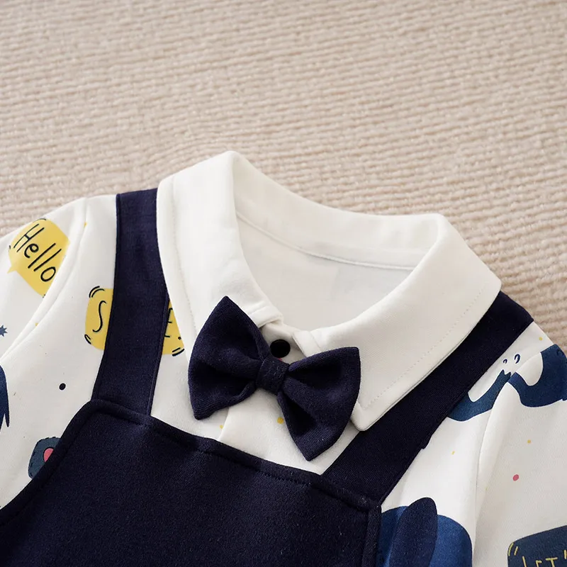 Baby Boy 100% Cotton Elephant Print Bow Tie Lapel Collar Long-sleeve Romper Blue image 3