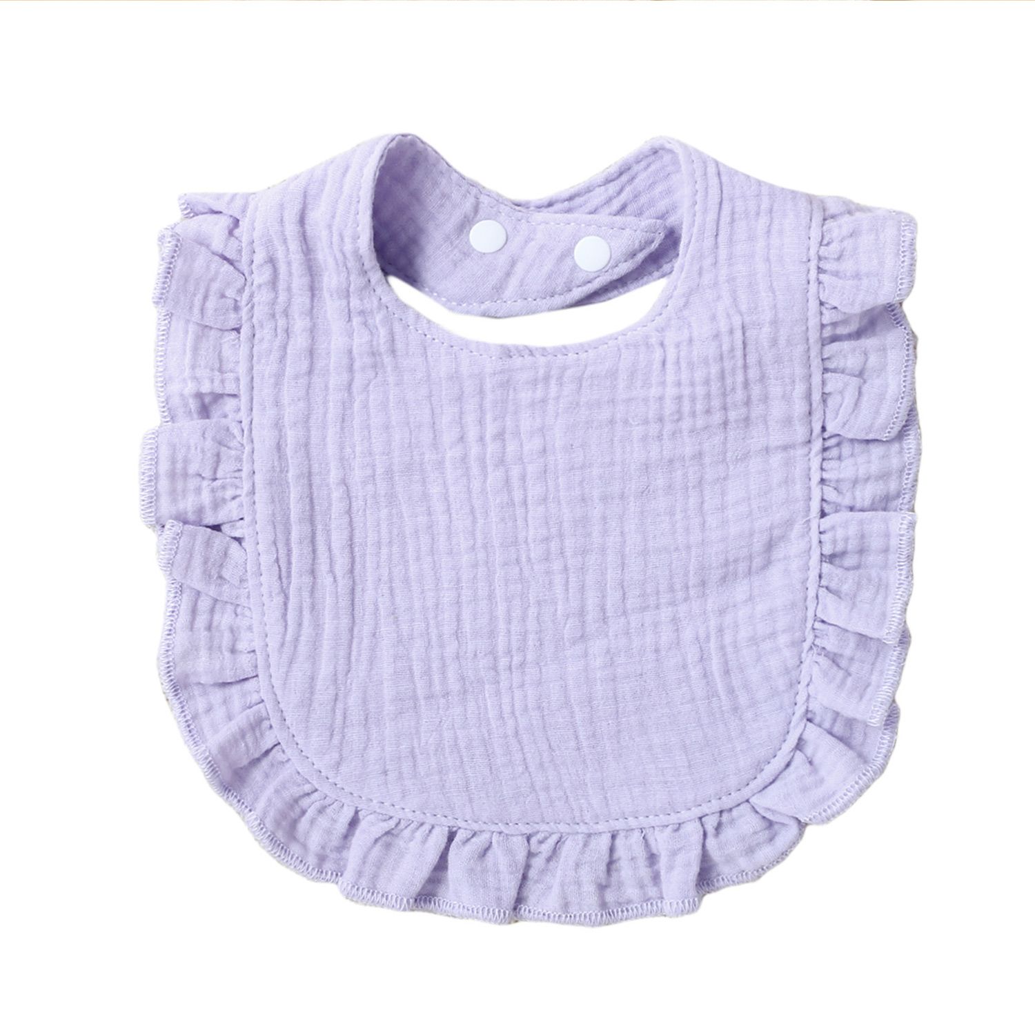 100% Cotton Pure Color Ruffle Trim Textured Baby Bib Snap Button Gauze Washable Drool Teething Saliv