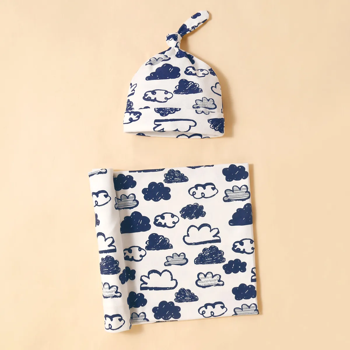 2-pack 100% Cotton Cloud Print Newborn Wearable Blankets and Beanie Hat  image 5