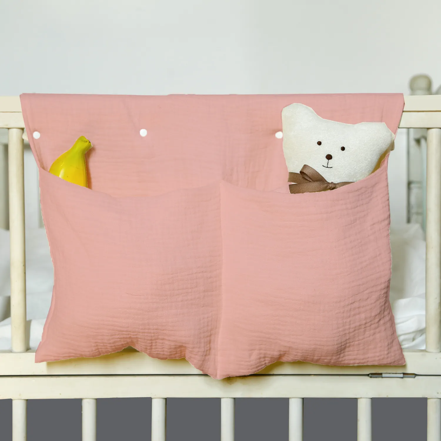 100% Cotton Muslin Hanging Baby Diaper Caddy Organizer Baby Bedside Hanging Storage Bag Pink image 2