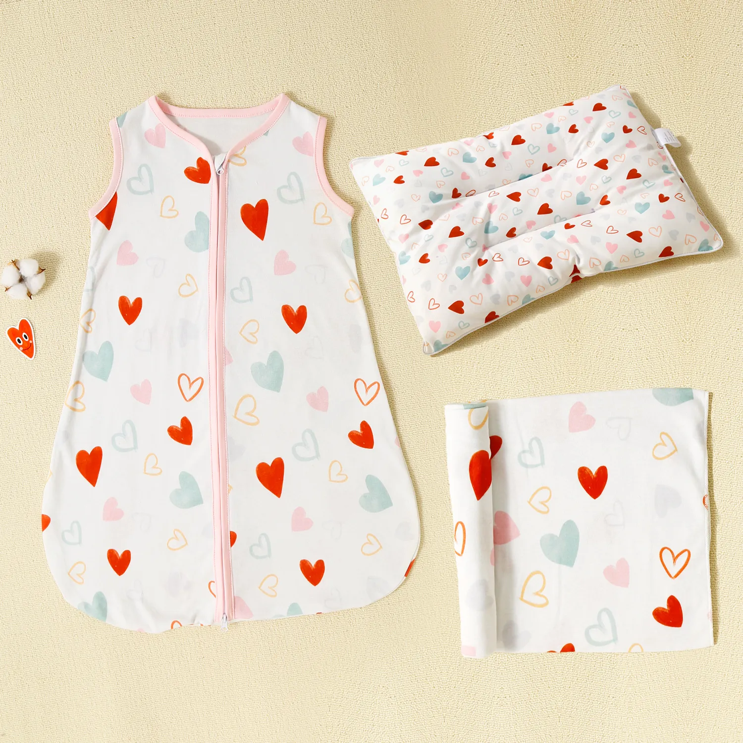 100% Cotton Colorful Heart Print Baby Sleeping Bags / Swaddling Blanket / Pillow Light Pink image 6