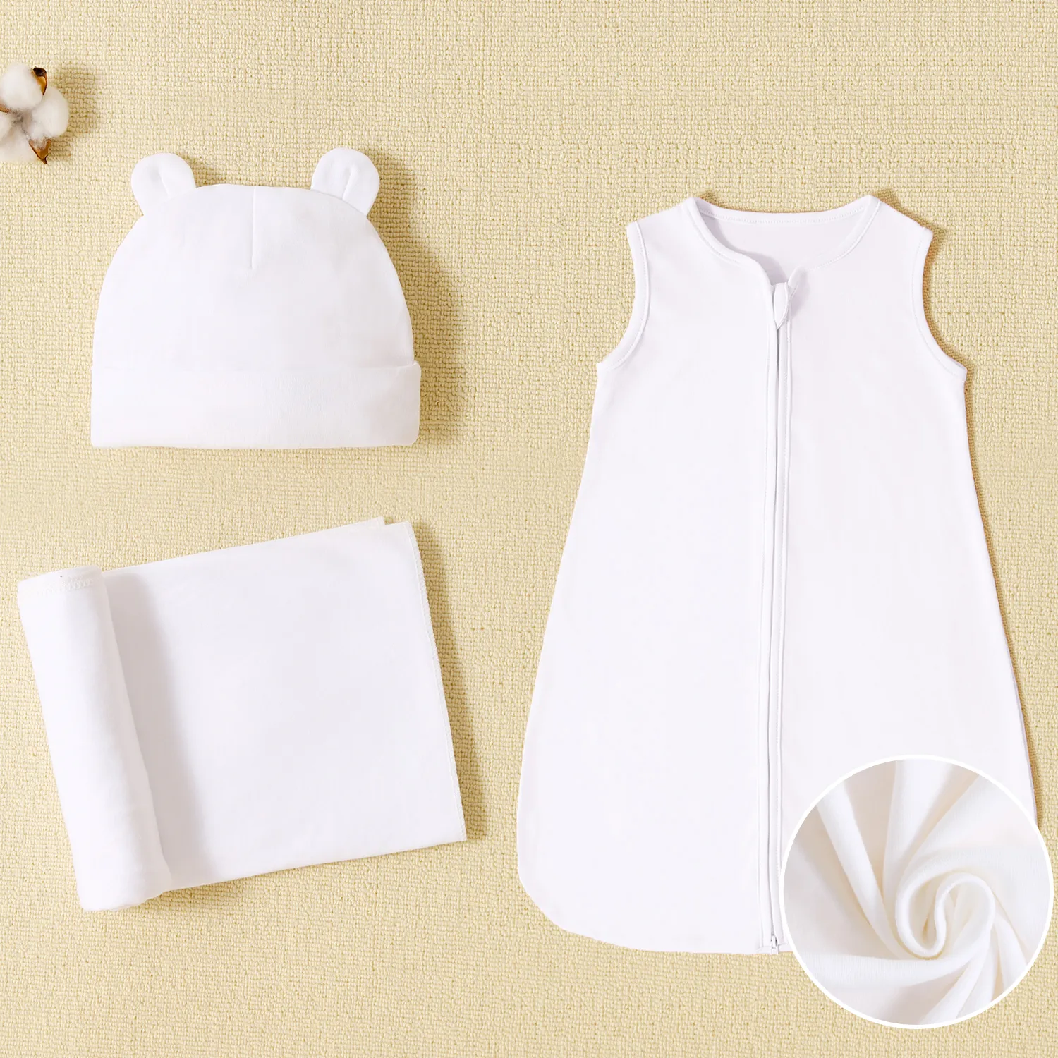 100% Cotton Sleeveless Baby Sleeping Bags / Swaddling Blanket / Beanie Hat White