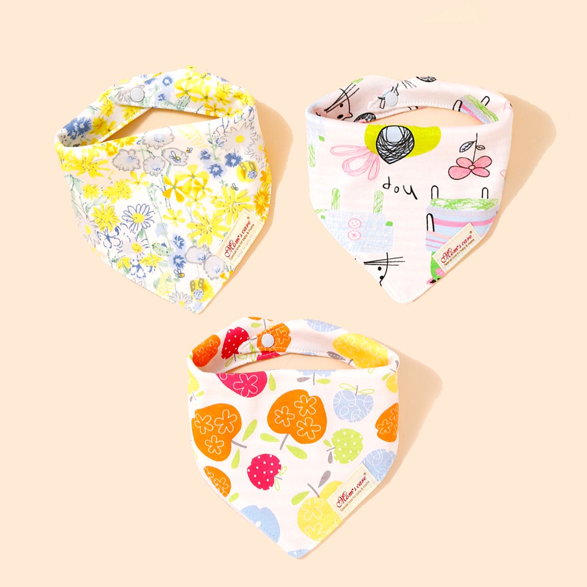 3-pack Baby Triangle Saliva Towel Allover Print Snap Button Adjustable Cotton Bibs For Baby Girl
