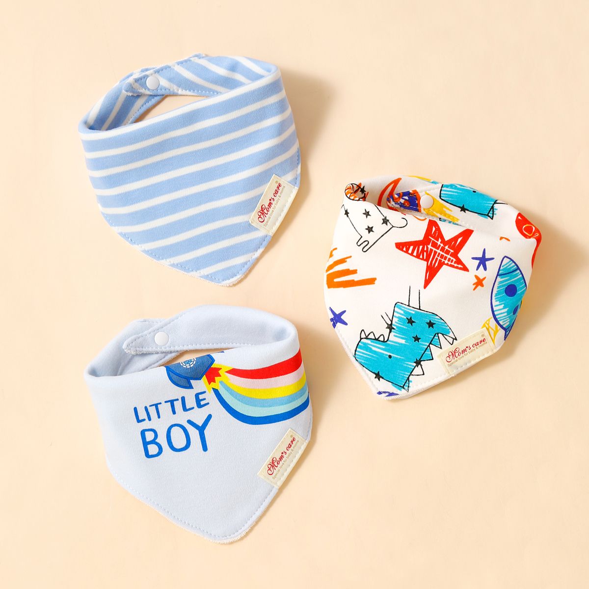 3-pack Baby Triangle Saliva Serviette Allover Print Snap Button Bavoirs En Coton Réglables Pour Bébé Garçon