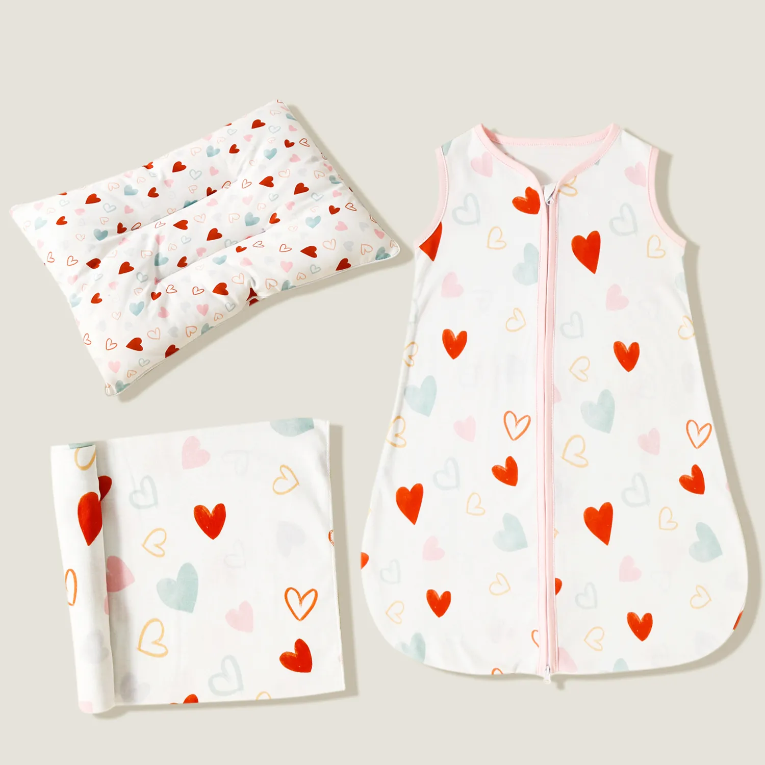 100% Cotton Colorful Heart Print Baby Sleeping Bags / Swaddling Blanket / Pillow