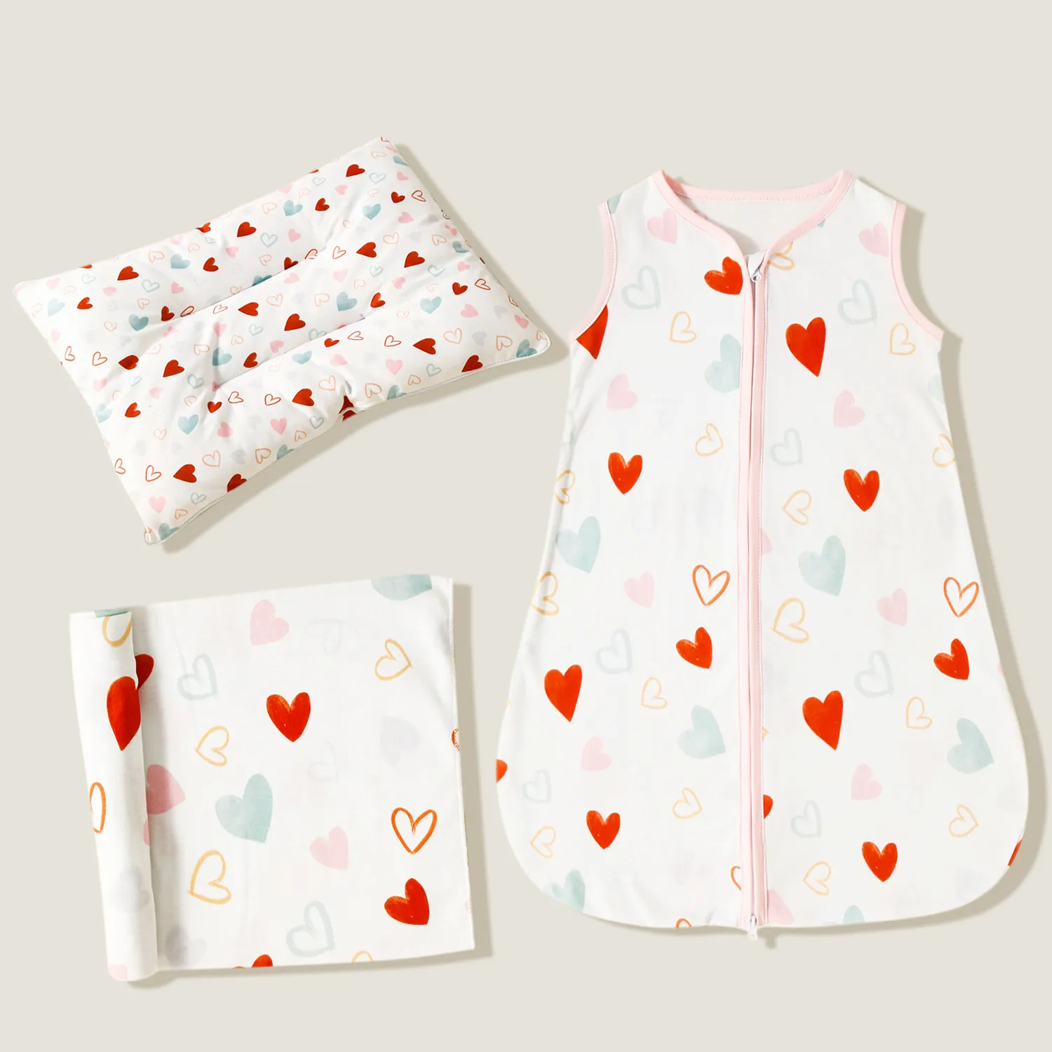 100% Cotton Colorful Heart Print Baby Sleeping Bags / Swaddling Blanket / Pillow Light Pink big image 1