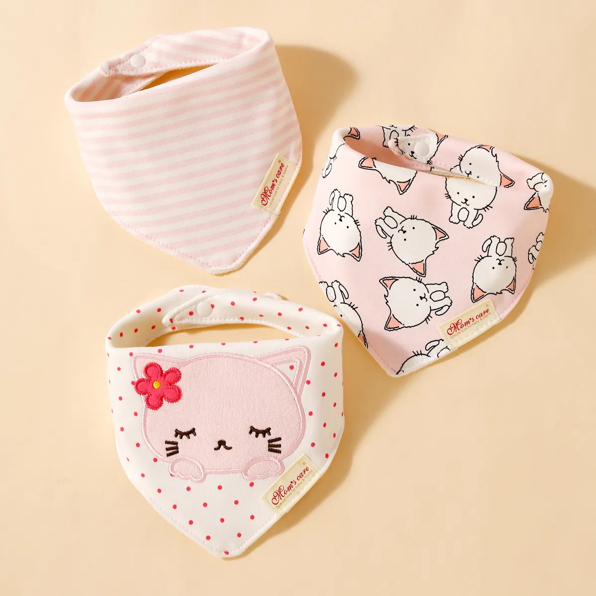 3-pack Baby Triangle Saliva Towel Allover Print Snap Button Adjustable Cotton Bibs for Baby Girl Color-B