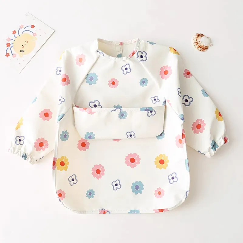 À prova de bagunça bebê babador, bonito vestido de manga comprida, babadores impermeáveis para crianças, Baby Smock Cor-E