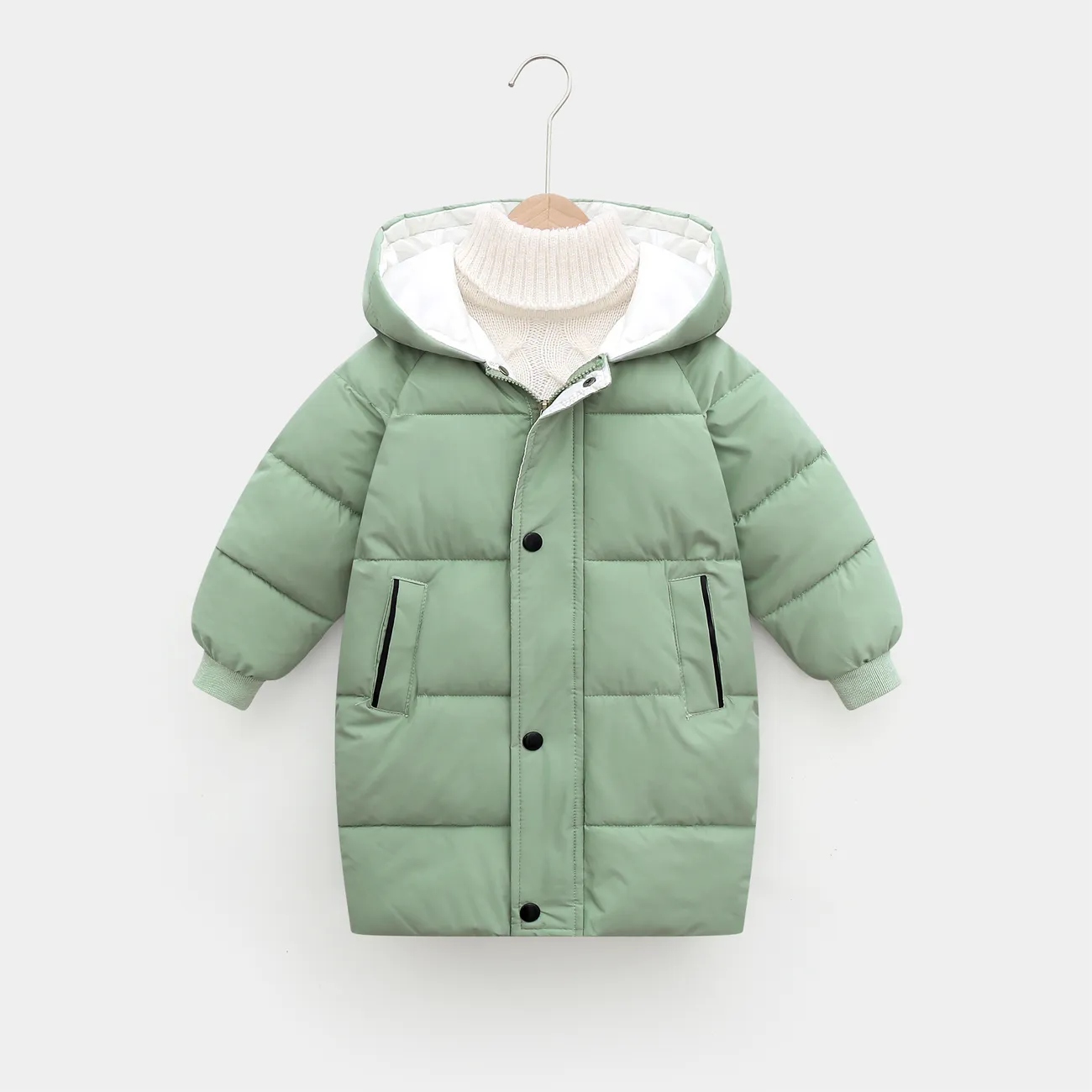 abrigo acolchado con diseño de botón con capucha de color sólido básico para niño/niña Verde big image 1