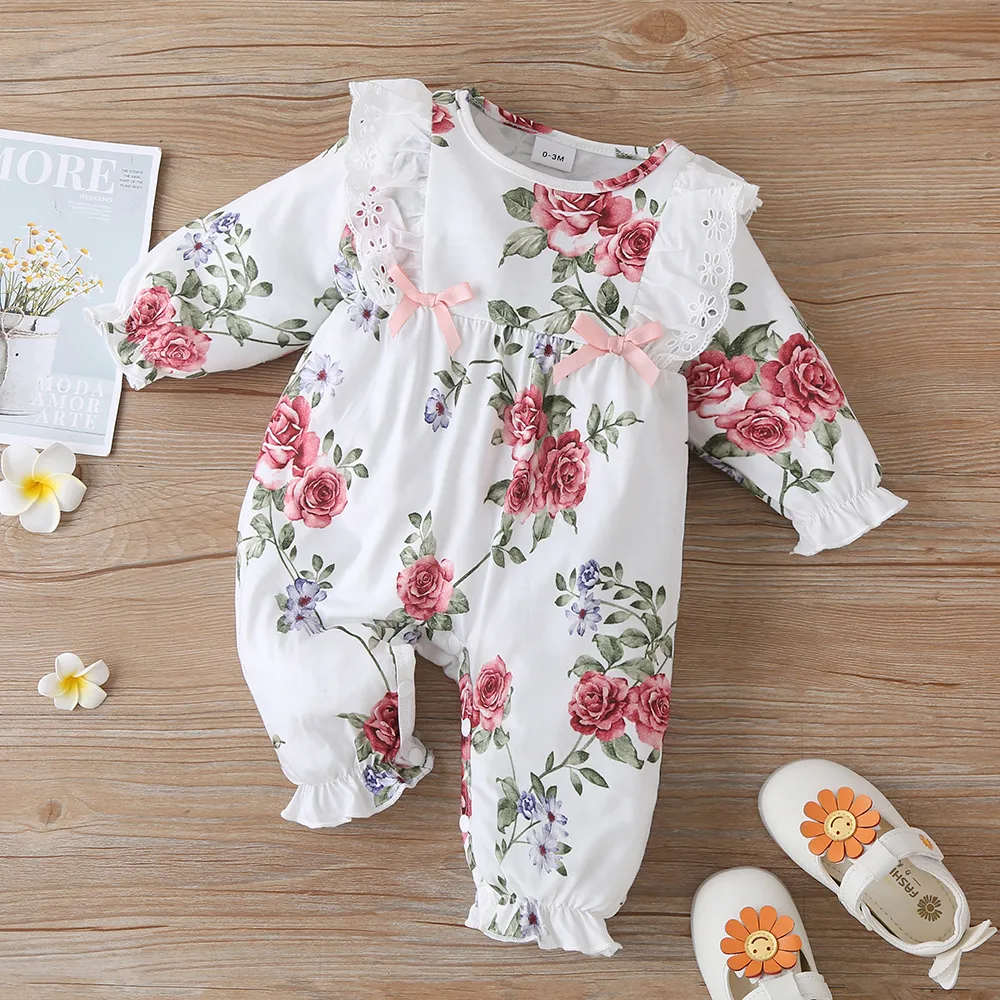 Floral Allover Bow and Lace Decor Long-sleeve Baby Jumpsuit White big image 1