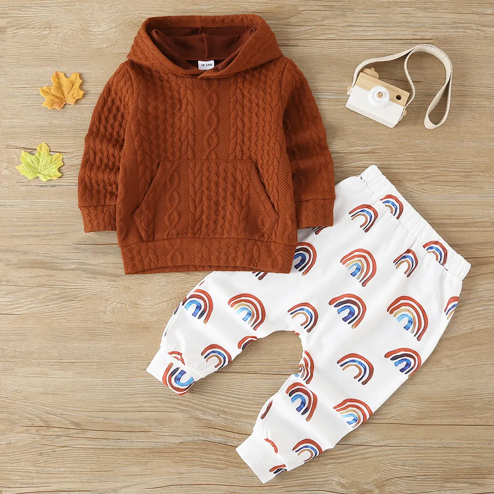 2-piece Toddler Boy Cable Knit Hoodie and Rainbow Print Pants Set big image 1