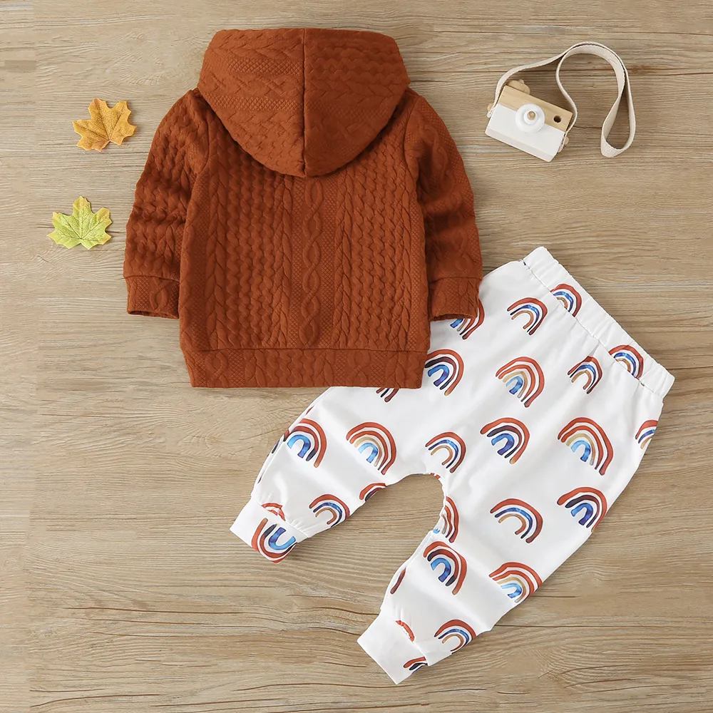 2-piece Toddler Boy Cable Knit Hoodie and Rainbow Print Pants Set big image 2