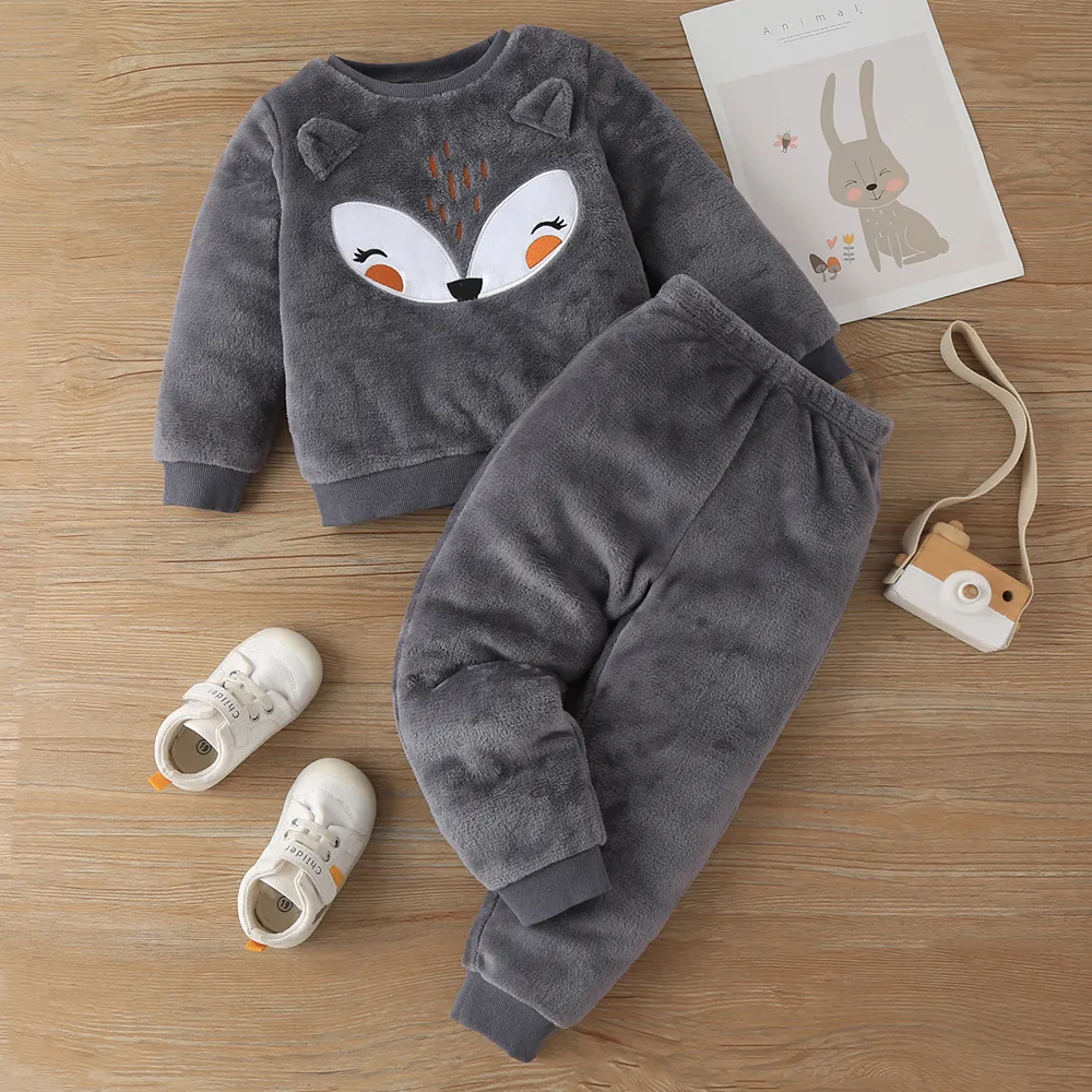 2-piece Toddler Girl/Boy Fox Pattern Ear Design Fuzzy Sweatshirt and Pants Set big image 1