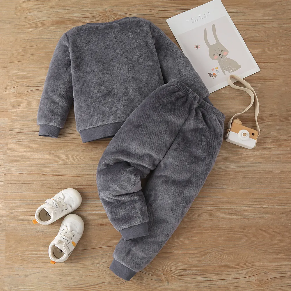 2-piece Toddler Girl/Boy Fox Pattern Ear Design Fuzzy Sweatshirt and Pants Set  big image 2