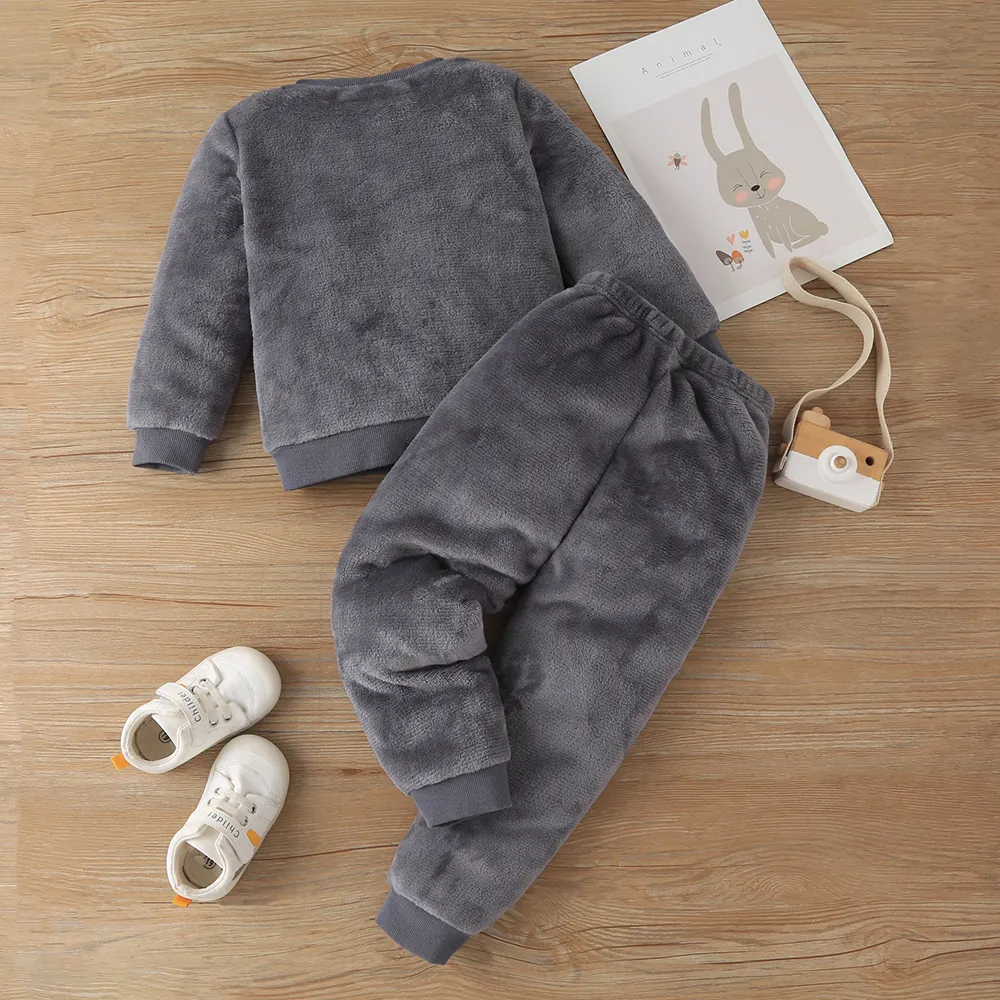2-piece Toddler Girl/Boy Fox Pattern Ear Design Fuzzy Sweatshirt and Pants Set big image 2