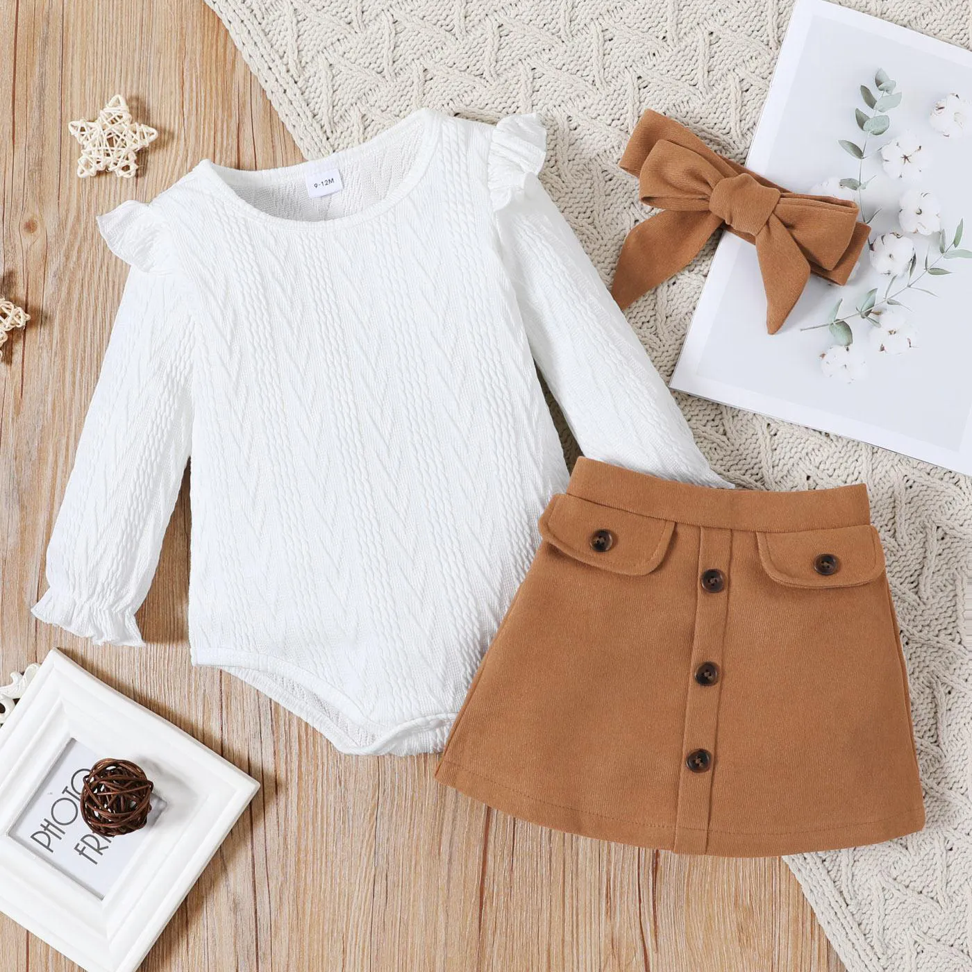 3-piece Baby Girl Ruffled Cable Knit Textured White Sweater, Button Design Brown Skirt And Headband Set