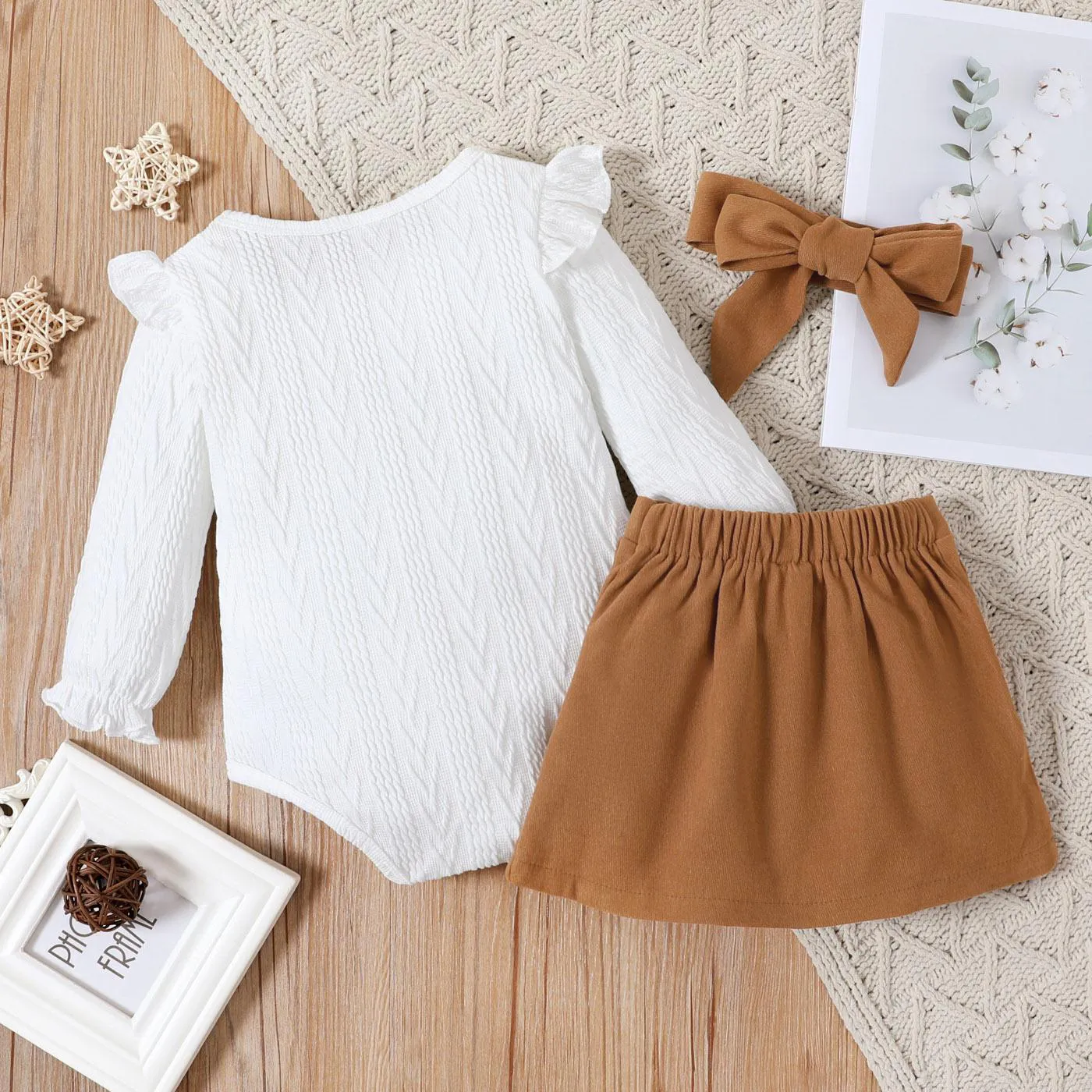 3-piece Baby Girl Ruffled Cable Knit Textured White Sweater, Button Design Brown Skirt and Headband Set Brown image 2