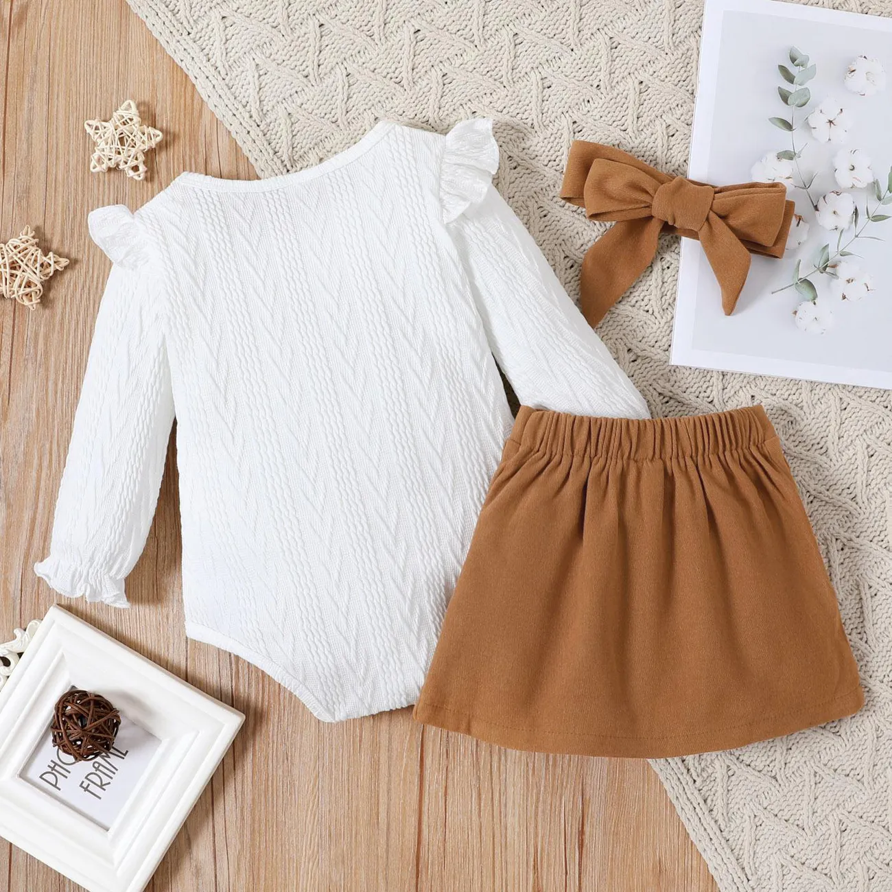 3-piece Baby Girl Ruffled Cable Knit Textured White Sweater, Button Design Brown Skirt and Headband Set Brown big image 1