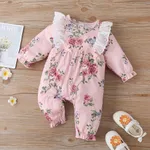 Floral Allover Bow and Lace Decor Long-sleeve Baby Jumpsuit Pink