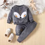 2pcs Baby Girl Fox Ears Design Embroidered Fleece Long-sleeve Pullover and Pants Set Dark Grey