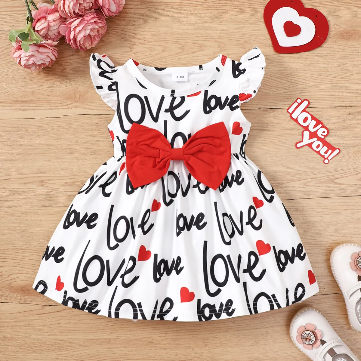 Baby Girl Allover Heart & Letter Print Flutter-sleeve Bow Front Dress Multicolour-1 big image 1