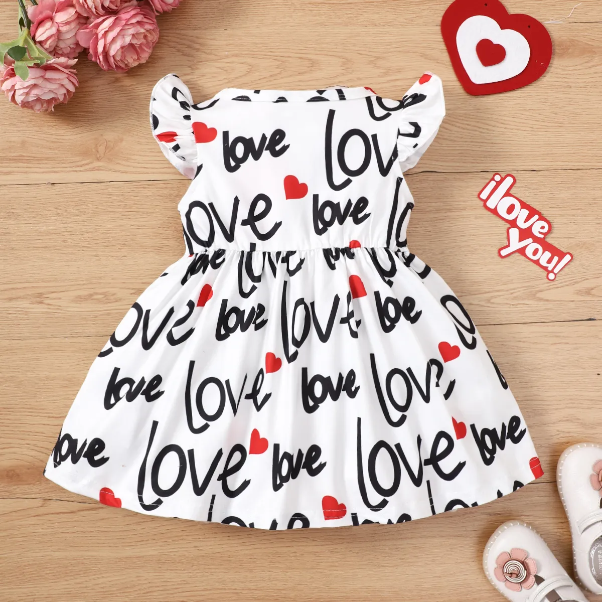 Baby Girl Allover Heart & Letter Print Flutter-sleeve Bow Front Dress Multicolour-1 big image 1