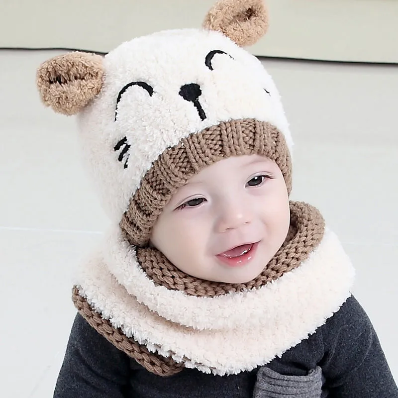 2 件套嬰幼兒針織動物設計便帽帽子和圍巾套裝 米色 big image 1