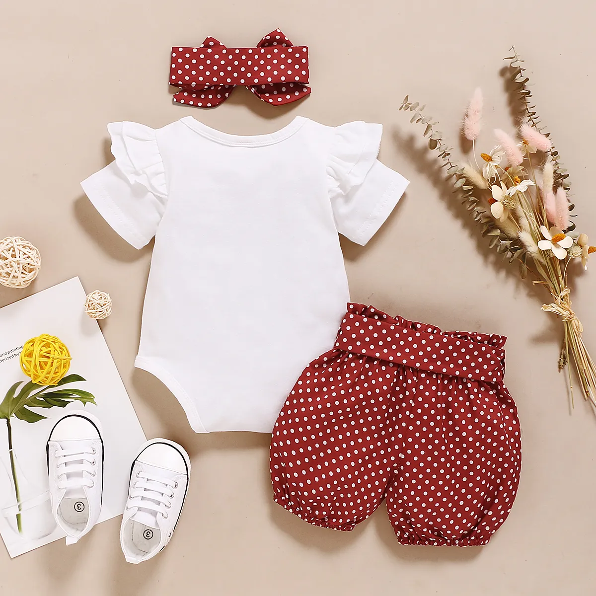 3pcs Baby Girl 95% Cotton Ruffle Short-sleeve Letter Print Romper and Dots/Floral Print Shorts with Headband Set Cameo brown big image 1