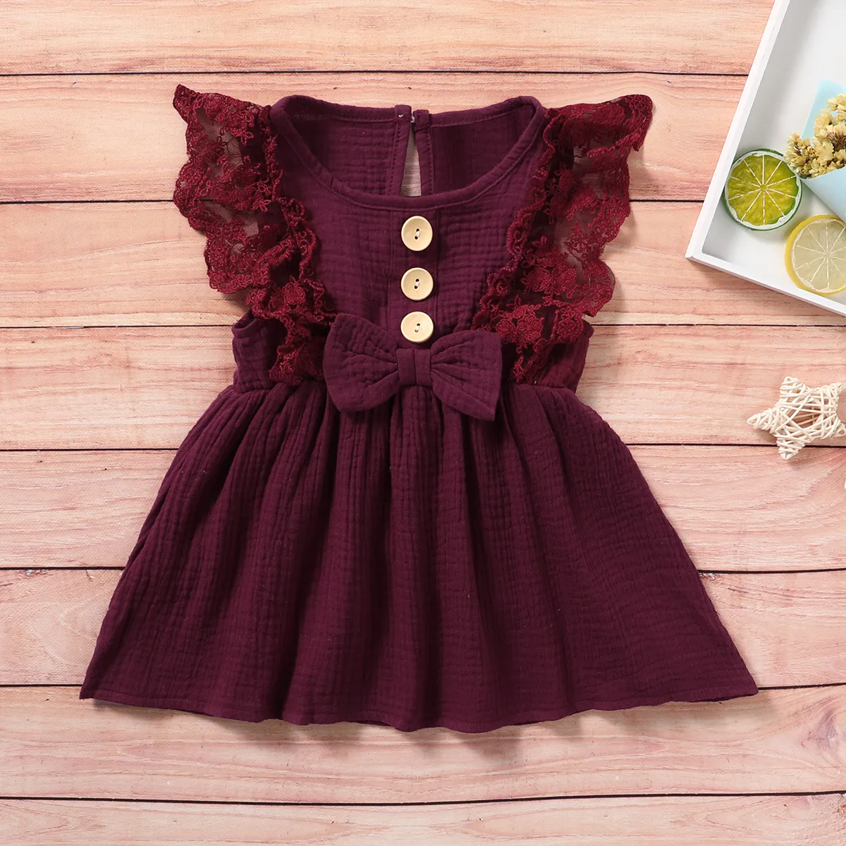 طفلة 95 ٪ قطن كريب بلا أكمام فستان زر BOWKNOT عنابي اللون big image 1