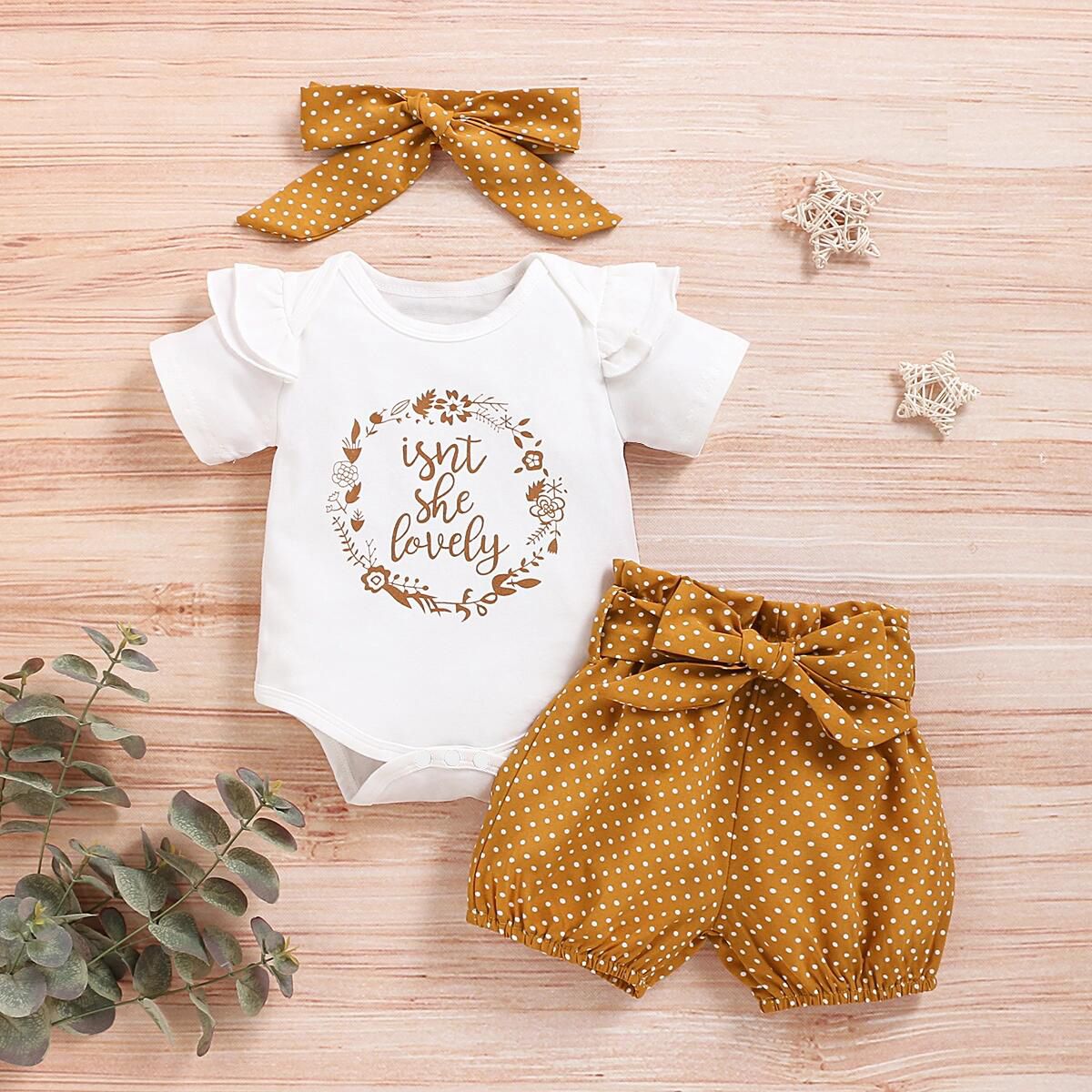 3pcs Baby Girl 95% Cotton Ruffle Short-sleeve Letter Print Romper and Dots/Floral Print Shorts with 