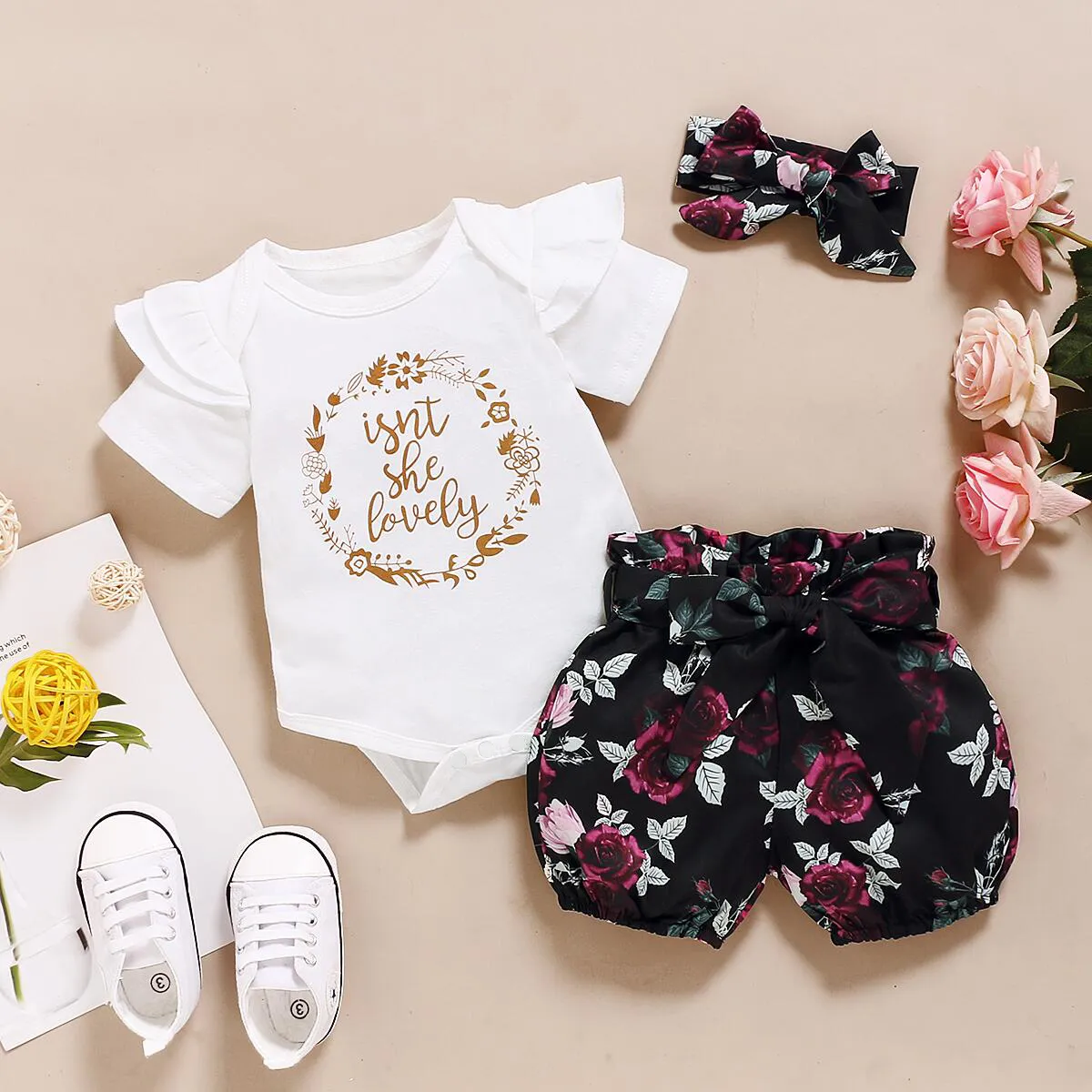 3pcs Baby Girl 95% Cotton Ruffle Short-sleeve Letter Print Romper and Dots/Floral Print Shorts with Headband Set Black big image 1