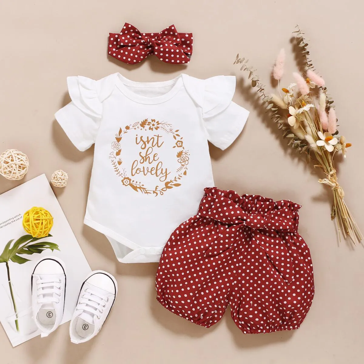3pcs Baby Girl 95% Cotton Ruffle Short-sleeve Letter Print Romper And Dots/Floral Print Shorts With Headband Set