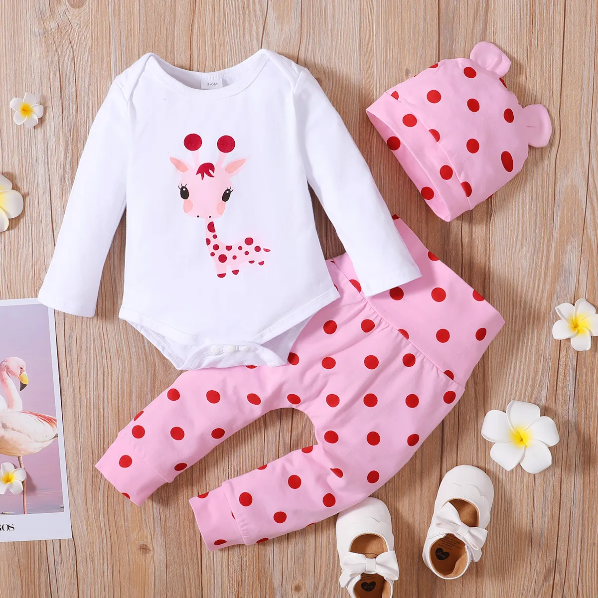 3pcs Giraffe And Polka Dots Print Long-sleeve Baby Set