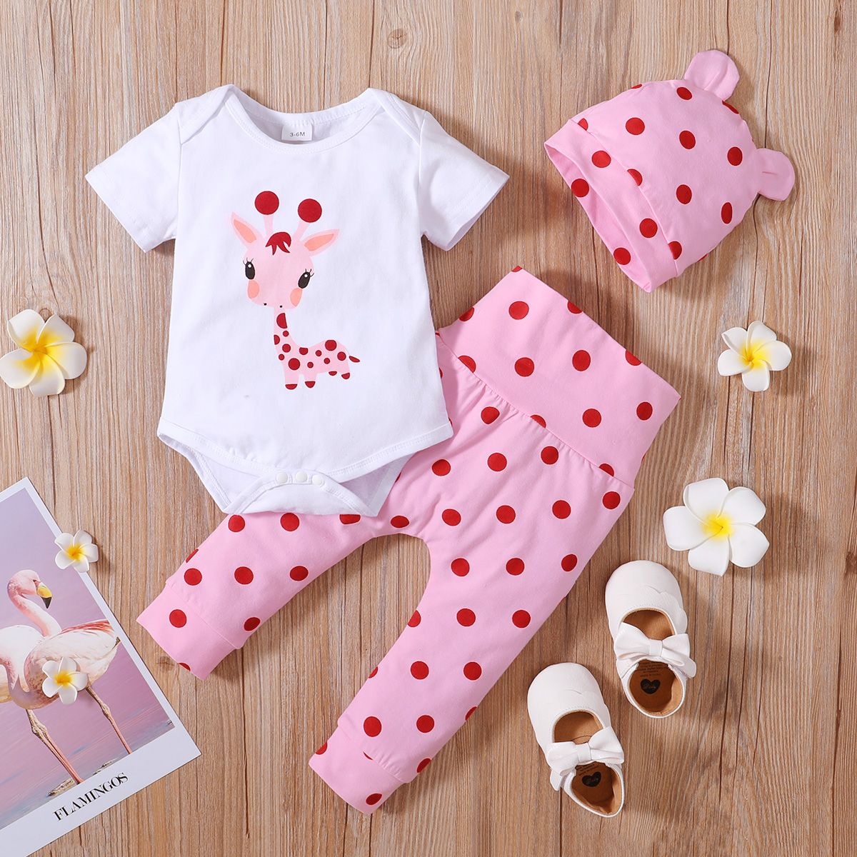 3pcs Giraffe And Polka Dots Print Long-sleeve Baby Set