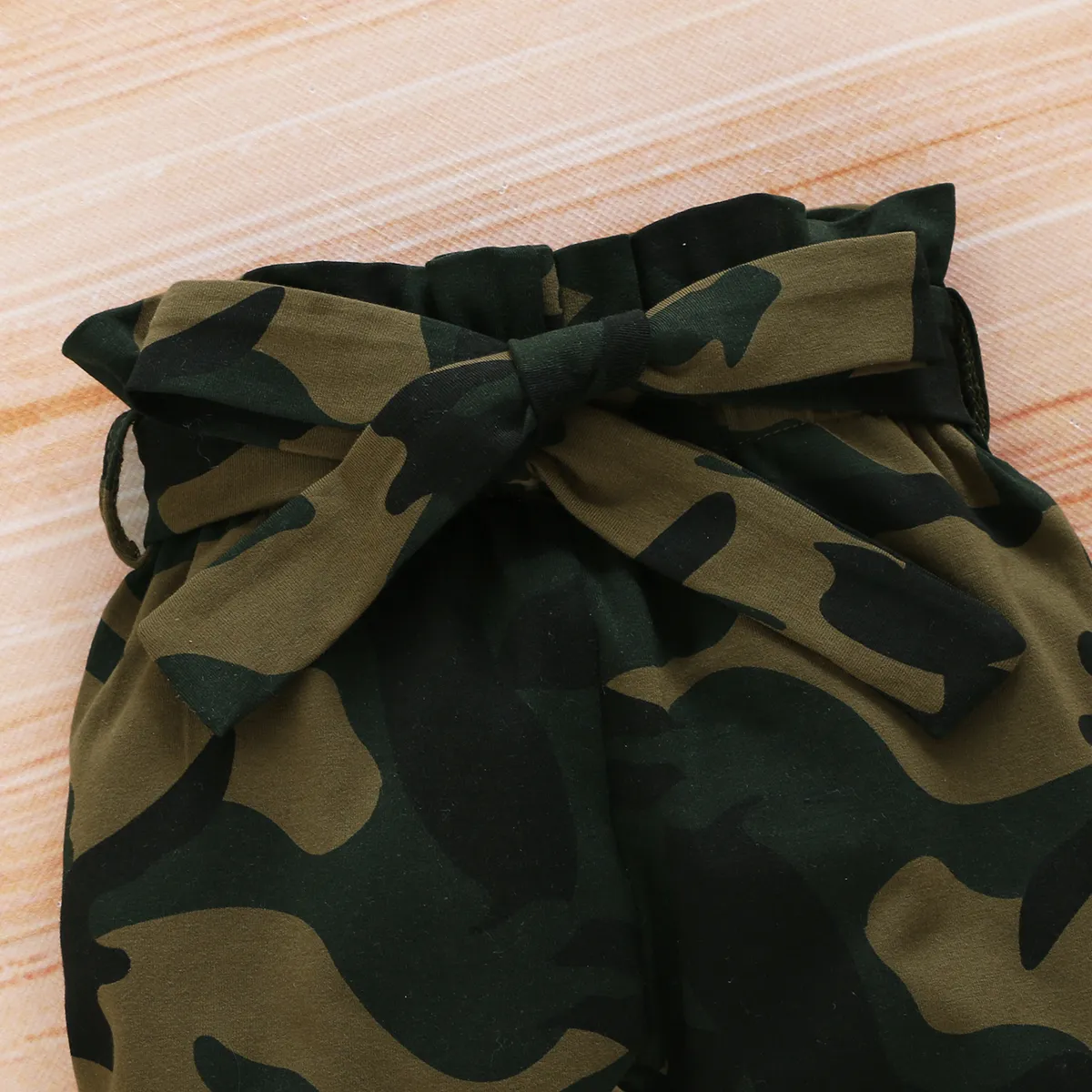 3pcs Baby Girl 95% Cotton Ribbed Ruffle Long-sleeve Romper and Camo Print Pants with Headband Set Army green big image 1