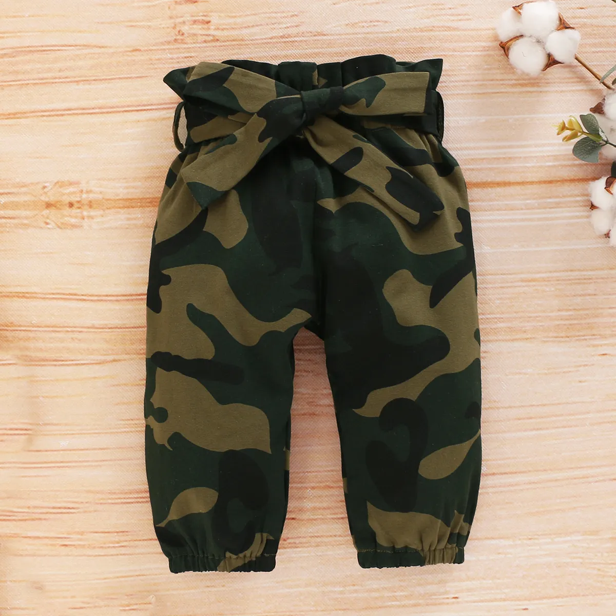 3pcs Baby Girl 95% Cotton Ribbed Ruffle Long-sleeve Romper and Camo Print Pants with Headband Set Army green big image 1