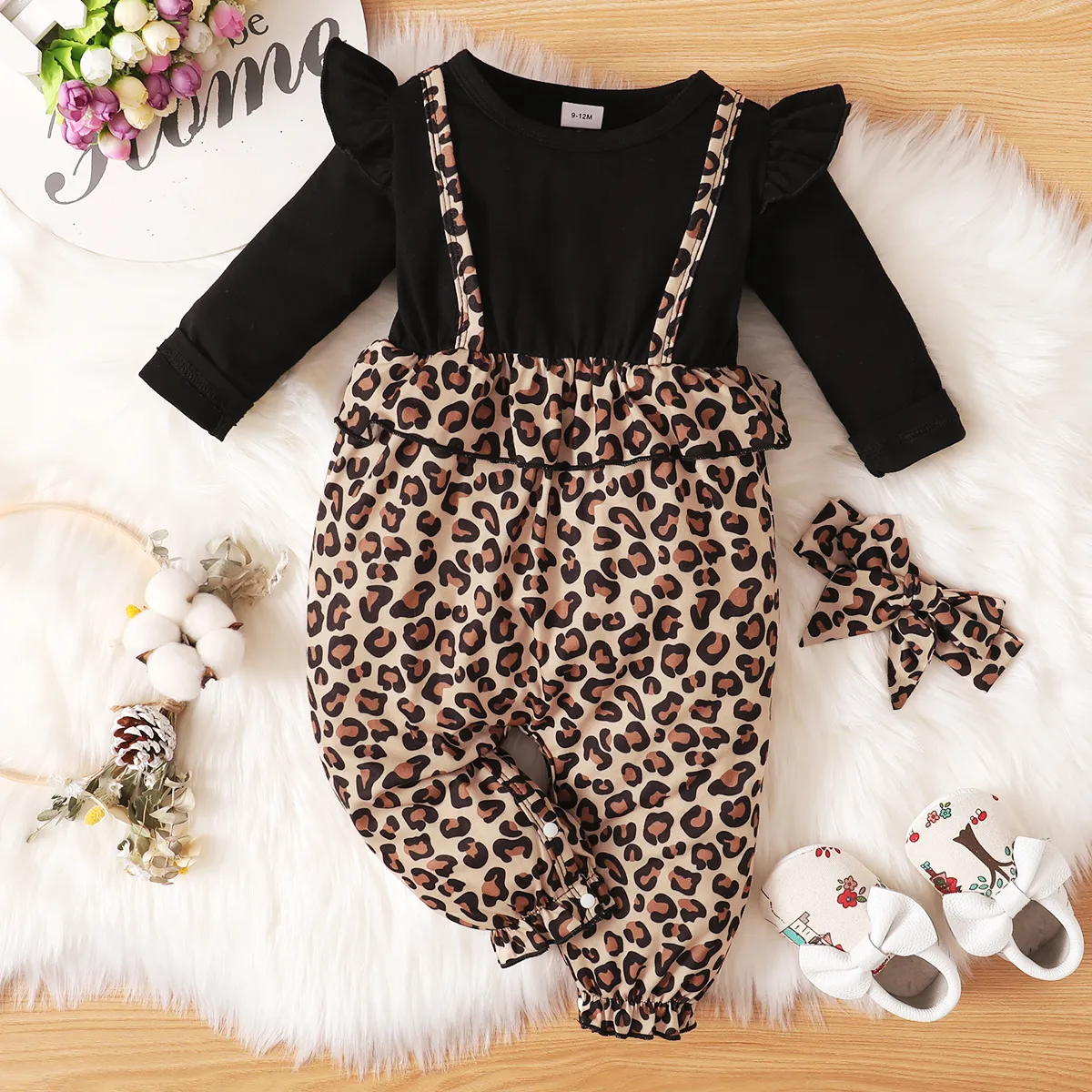 2-piece Baby Girl Ruffle Long-sleeve Black & Leopard Print Stitching Fake Two Piece Jumpsuit and Hea