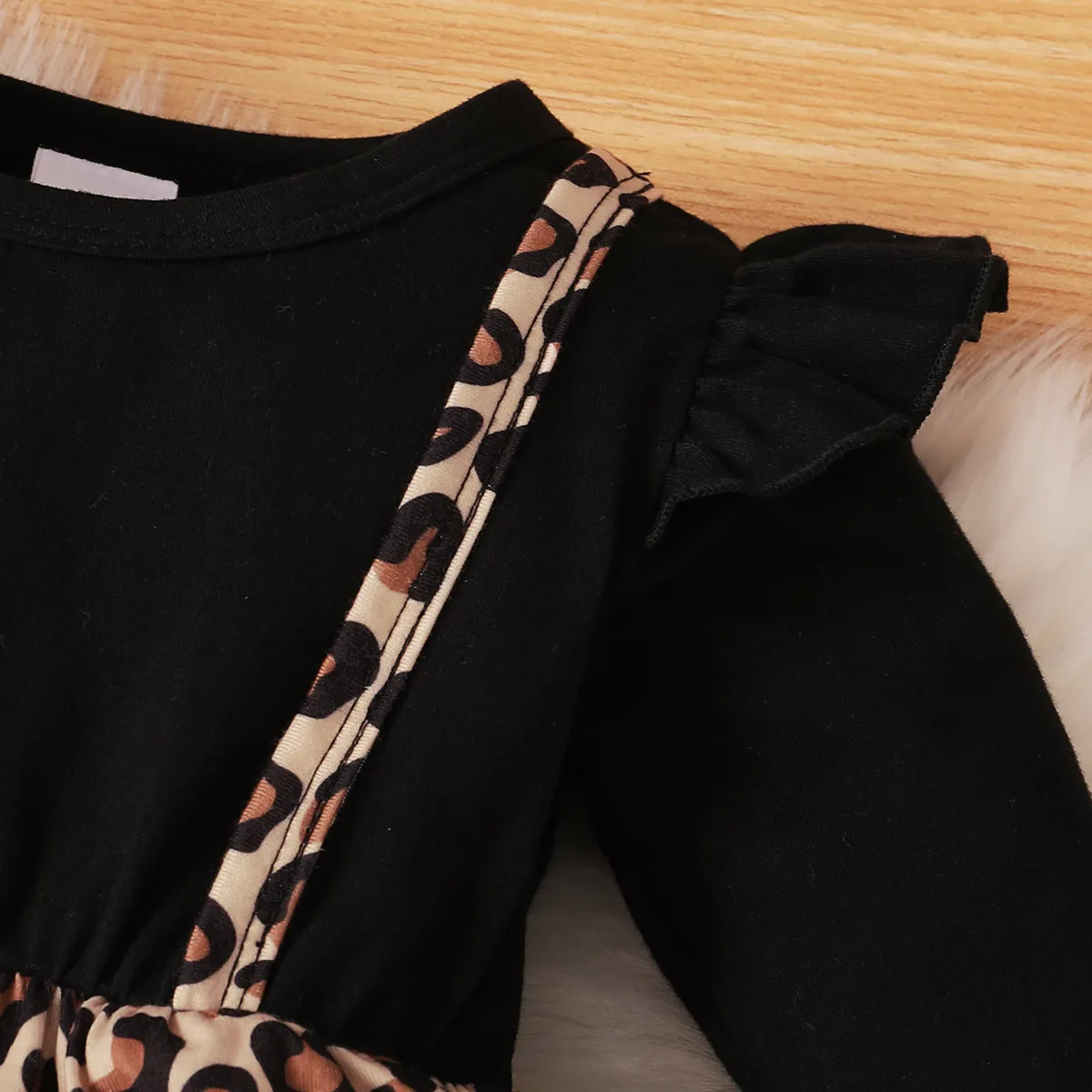 2-piece Baby Girl Ruffle Long-sleeve Black & Leopard Print Stitching Fake Two Piece Jumpsuit and Headband Set Black big image 1