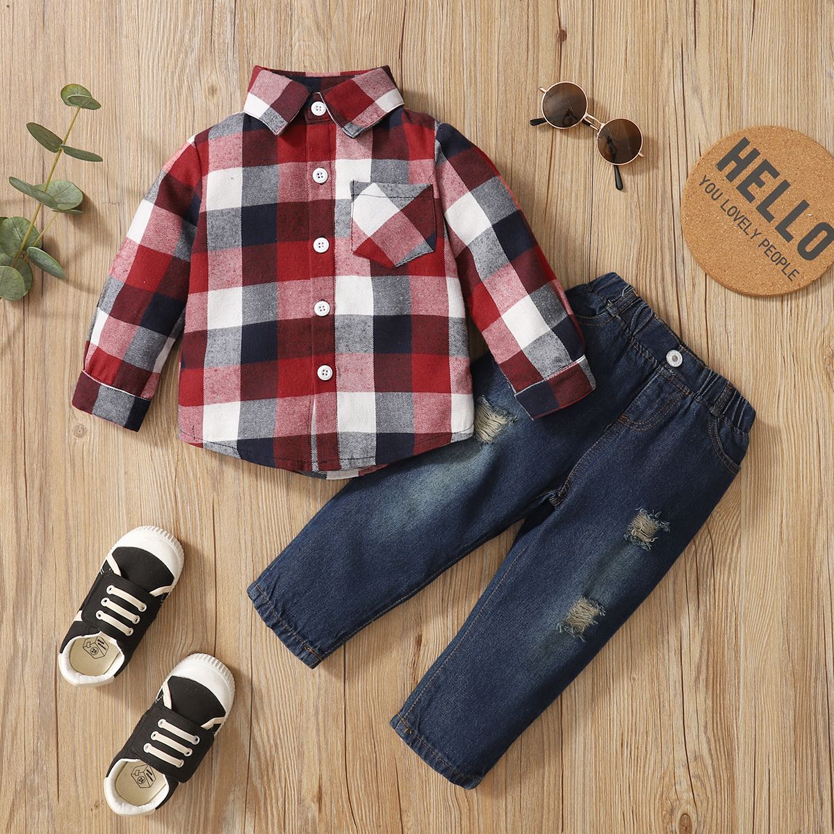 

2-piece Toddler Boy Button Design Long-sleeve Plaid Shirt and Ripped Denim Jeans Set