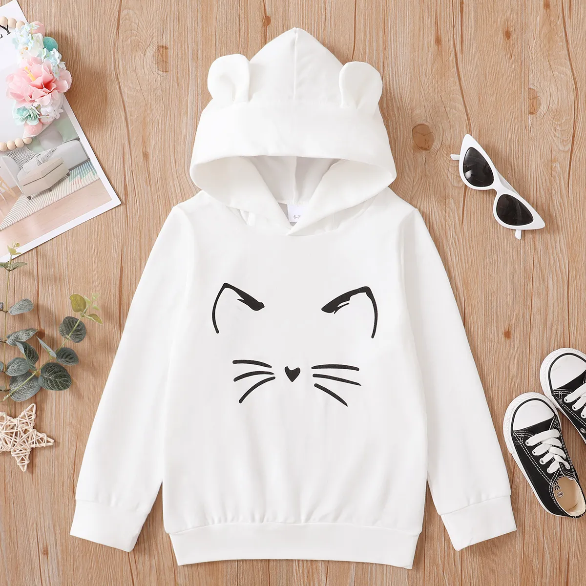 Kid Girl Cat Print Ear Design Solid Hoodie Sweatshirt  big image 1