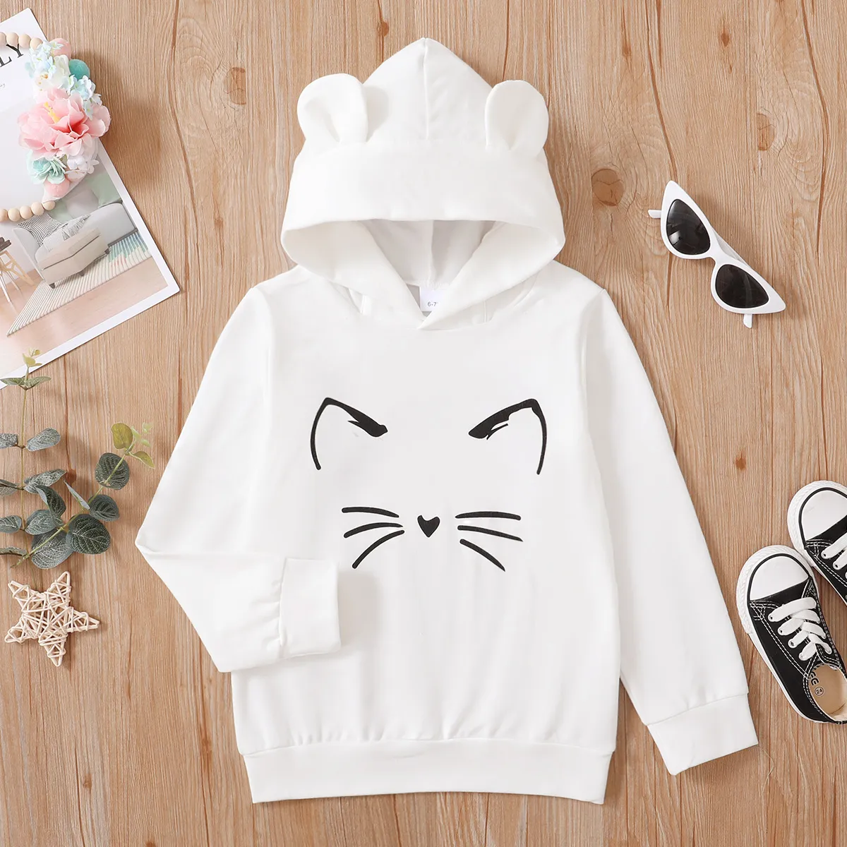 Kid Girl Cat Print Ear Design Solid Hoodie Sweatshirt White big image 1