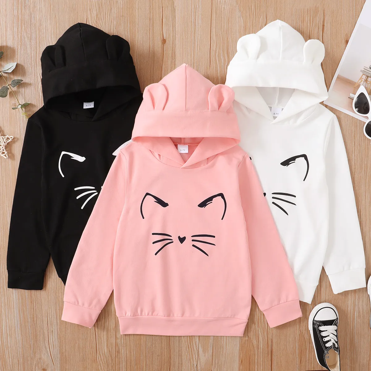 Kid Girl Cat Print Ear Design Solid Hoodie Sweatshirt Pink big image 1