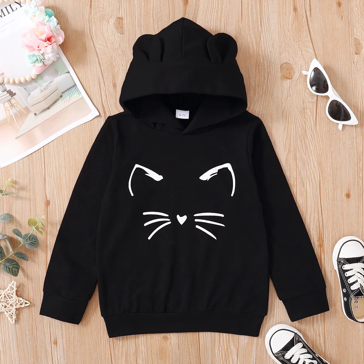 Kid Girl Cat Print Ear Design Solid Hoodie Sweatshirt/ 100% Cotton Elastic Denim Leggings Black2 big image 1