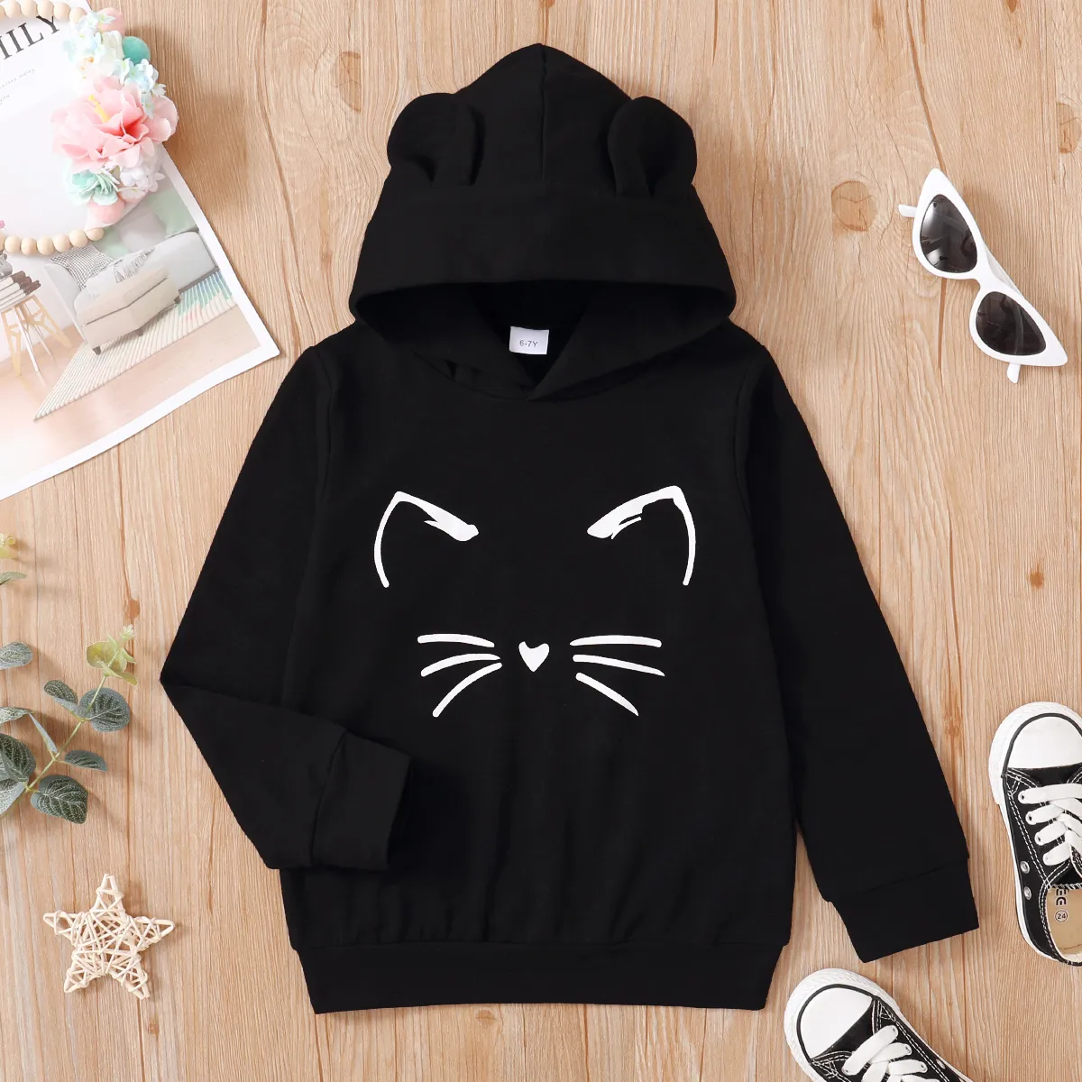 Kind Mädchen Katze Druck Ohr Design solide Hoodie Sweatshirt / 100% Baumwolle elastische Denim Leggings Schwarz2 big image 1