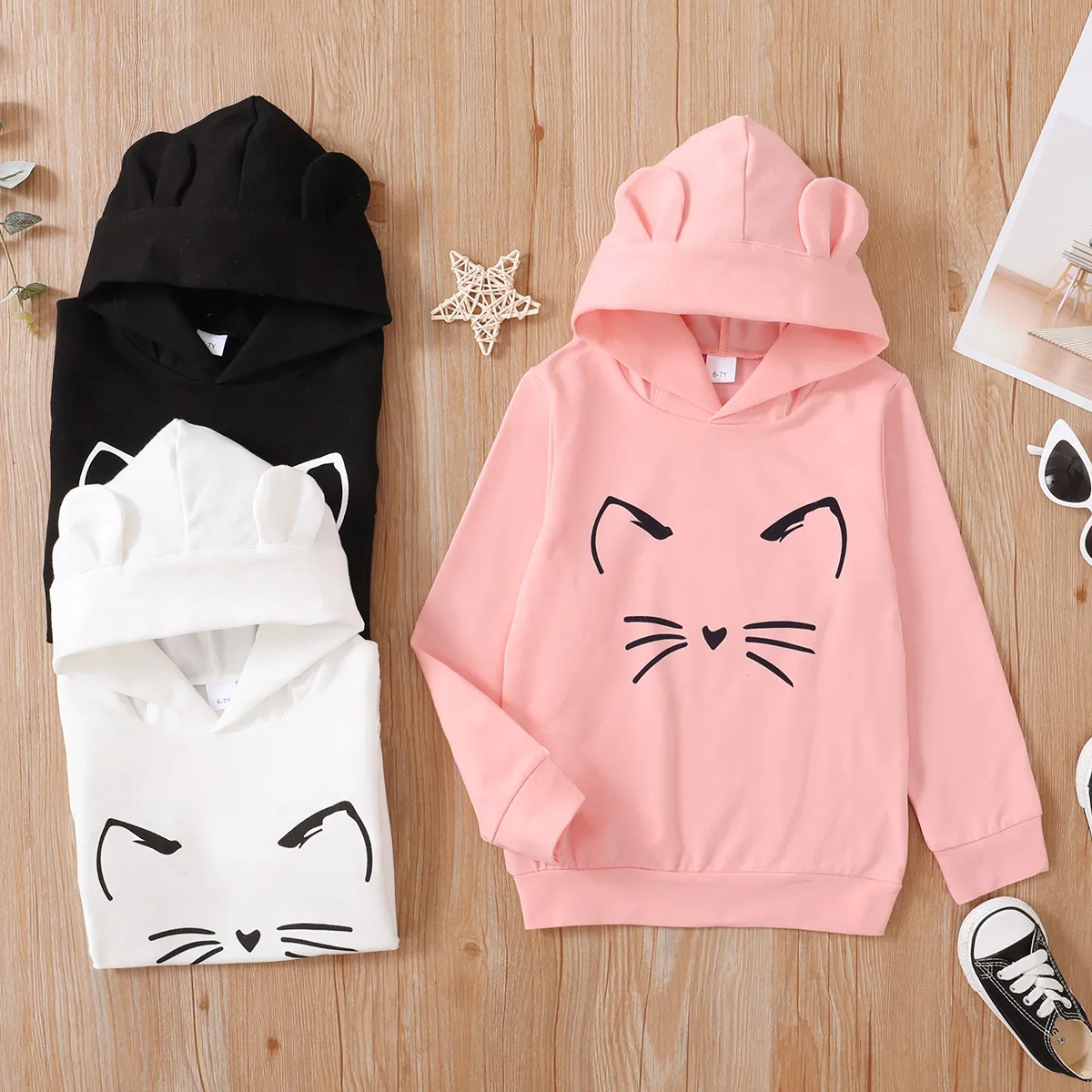 Kind Mädchen Katze Druck Ohr Design solide Hoodie Sweatshirt / 100% Baumwolle elastische Denim Leggings Schwarz2 big image 1